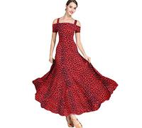 JRUIA Stampa dell'Abito da Ballo per L'allenamento di Tango Abiti da Ballo da Sala A Maniche Corte per Donna Costume Moderno da Flamenco in Salsa Foxtrot Valzer Prestazione Dancewear,Littlered,XL