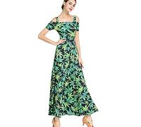 JRUIA Stampa dell'Abito da Ballo per L'allenamento di Tango Abiti da Ballo da Sala A Maniche Corte per Donna Costume Moderno da Flamenco in Salsa Foxtrot Valzer Prestazione Dancewear,Verde,XL