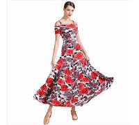 JRUIA Stampa dell'Abito da Ballo per L'allenamento di Tango Abiti da Ballo da Sala A Maniche Corte per Donna Costume Moderno da Flamenco in Salsa Foxtrot Valzer Prestazione Dancewear,Flowers,XL