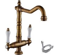 JRUIA Tocca della Cucina in Ottone, Lavelli da Cucina Rotabili A 360 °, Acqua Calda E Fredda, Adattamento della Cucina di Due A Mano, con Manici in Ceramica,Bagno di Lavandino A Batteria Mista