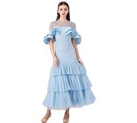 JRUIA Vestiti Prestazione da Sala da Ballo A Maniche Corte per Le Donne Mesh Splice Tango Valzer Modern Smooth Dance Costumi Gonna Slim Fit per Festa di Flamenco Standard da Donna,Blu,XXL