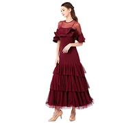 JRUIA Vestiti Prestazione da Sala da Ballo A Maniche Corte per Le Donne Mesh Splice Tango Valzer Modern Smooth Dance Costumi Gonna Slim Fit per Festa di Flamenco Standard da Donna,Burgundy,XL