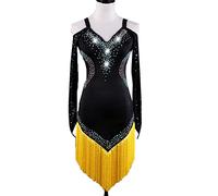 JRUIA Vestito da Ballo Latino con Scollo A V per Donna Costumi di Salsa Cha Cha A Maniche Lunghe Abiti da Ballo Prestazione da Sala da Ballo con Nappe Abito da Tango Flamenco con Strass,Giallo,XXL