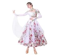 JRUIA Vestito da Ballo Standard Nazionale Abbigliamento Professionale da Valzer per Donna Costumi da Tango E Flamenco Stampati per Competizioni Gonna Swing Grande,Bianca,XXL