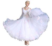 JRUIA Vestito da Ballo Standard Nazionale Professionale con Scollo A V Sala da Ballo A Maniche Lunghe Abiti da Spettacolo di Danza per Le Donne Costumi da Concorso di Flamenco Valzer,Bianca,L