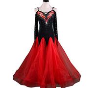 JRUIA Vestito da Concorso di Danza da Sala Professionale per Donna Costume da Spettacolo di Tango Valzer A Maniche Lunghe Ricamo Moderno Vestito da Ballo di Flamenco Grande Oscillazione,Rosso,M