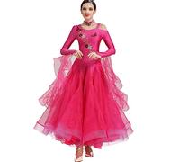 JRUIA Vestito da Performance Moderno Valzer A Maniche Lunghe Abiti da Ballo da Sala da Ballo da Donna con Ricamo Abito da Concorso di Danza Tango Foxtrot Grande Gonna Altalena,Rose Red,3XL