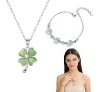 JRYXDS Set Collana E Bracciale Quadrifoglio In Occhio Di Gatto - Lega, Simbolo Di Speranza, Fede, Amore E Fortuna, Stile Fresco E Naturale, Regalo Per Fidanzata, Moglie, Figlia, Migliore Amica