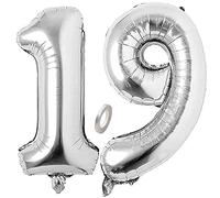 Jrzyhi Palloncini Numeri Palloncino 19 ° Compleanno Palloncino Foil Gigante Argento Numero 19 Elio Numero Grande XXL Numero 19 Buon Compleanno 19 Anni Numero Gigante Palloncini per Festa Nuziale 100CM