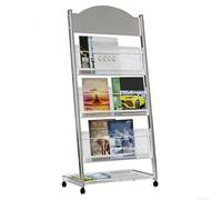 JS Space Porta Riviste a Terra su Ruote - Espositore in Metallo a 3 Livelli per Brochure, Giornali e Materiale Informativo - Porta Libri per Biblioteche, Fiere, Ospedali e Aree Reception silver