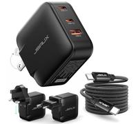 JSAUX Caricabatterie USB C 65W, Caricatore GaN a 3 Porte con Spina Pieghevole, Include Cavo USB C da 2m e Adattatori UK/EU, Carica Rapida per Laptop, iPhone 17, Galaxy, Switch 2, Steam Deck