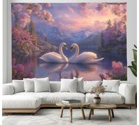 JSCWDET 230 X 180 cm Animali Del Paesaggio Naturale Arazzo, Cigno Bianco Elementi Dei Fiori Ciliegio Arazzi Appeso A Parete Arazzo Per L'Arredamento Della Camera Da Letto Del Soggiorno,Rosa