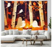 JSCWDET Appeso Arazzo Grande Scena Falò Autunnale Arazzo da Parete in Tessuto Illustrazione Un Grazioso Piccolo Fantasma Bianco Decorazione da Parete Colore Arancione Appendere al Muro,230 x 180 cm