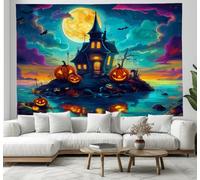 JSCWDET Arazzo Da Parete Con Scena Halloween Dei Cartoni Animati Zucche Casa Spettrale Sull'Isola Camera Da Letto, Dormitorio, Hippie, Decorazione Estetica,Colorato, 100L X 75L Cm