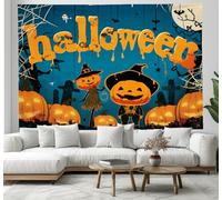 JSCWDET Arazzo Per Camera Da Letto Atmosfera, Arazzo Da Appendere Alla Parete,Testo Horror Halloween Zucca,Grande Decorazione Artistica Per La Stanza,Giallo Blu,200L X 150L Cm
