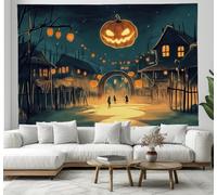 JSCWDET Arazzo Per Camera Da Letto Scena Di Un Antico Villaggio, Arazzo Da Appendere Alla Parete,Zucche Creature Aliene,Grande Decorazione Artistica Per La Stanza,Colore Arancione,200L X 150L Cm