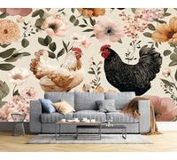 JSCWDET Carta Da Parati 400L × 280A Cm Stile Pastorale Fotomurali 3D Effetto Pollo Acquerello Motivo Floreale Fotomurale Crema Decorazione Da Grande Parete Fotografica Per Camera Da Letto Soggiorno