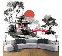 JSCWDET Carta Da Parati Moderna, Architettura Giapponese Fotomurali 300L × 210A Cm,Cortile Illustrazione Del Ponte Rosso, Carta Da Parati 3D Per Camera Letto, Soggiorno,Bianco