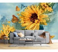 JSCWDET Carta Da Parati Moderna, Girasoli Acquerellati Fotomurali 400L × 280A Cm,Farfalle Design Delle Lettere, Carta Da Parati 3D Per Camera Letto, Soggiorno,Giallo