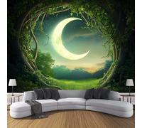 JSCWDET Carta Parati 350L × 256A cm Paesaggio Naturale Della Foresta Fotomurali 3D Effetto Boschi Misteriosi Luna Crescente Fotomurale Verde smeraldo Decorazione Grande Parete Fotografica Per Camera