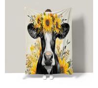 JSCWDET Coperta Con Mucca Elementi Di Girasole, 3D, Calda Stile Acquerello Comoda Per Letto Divano Ufficio Auto Viaggi Campeggio (130×150 Cm, Giallo)