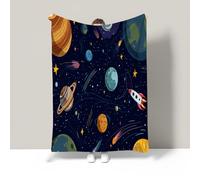 JSCWDET Coperta Di Flanella,3D Design Spaziale Dei Cartoni Animati Morbida Leggera Pile Coperte Calda Coperta Tutte Le Stagioni Multifunzionale Per Divano (Pianeti Delle Astronavi,150×200 Cm)
