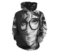JSCWDET Felpa con Cappuccio 3D Adulto, 3D Ragazza dai Capelli Neri con Gli Occhiali Maniche Lunghe Uomo Donna Hoodies Pullover con Tasca Unisex Casual Streetwear per Abiti Autunno Inverno