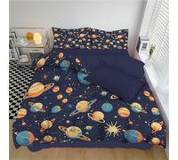 JSCWDET Illustrazione Di Un Pianeta Cosmico Set Copripiumino Reversibile 240×260 CM (Federe 51x75 cm Incluse), Stile Cartone Animato Parure Copripiumino Morbida Microfibra - Blu Navy