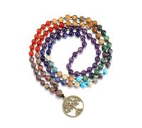 JSDDE 7 Chakras - Collana con ciondolo a forma di albero della vita, per donna, ragazza, lunga collana con perle in pietre naturali, ciondolo rotondo, albero cavo, gioielli rosario yoga Reiki