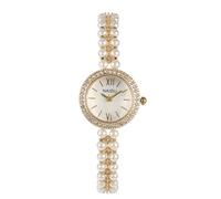 JSDDE Orologio da donna con cinturino sottile in perle e strass, elegante orologio analogico al quarzo quadrante rotondo lucido pavé di strass numeri romani, orologio da polso in acciaio per ragazze