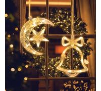 Jsdoin Luci di Natale, Luna e Campana LED Tenda Luci Natalizie, Batteria, Timer, Luci Stringa di Natale per Decorazioni Natalizie, Finestra, Festa, Matrimonio(Bianco Caldo)