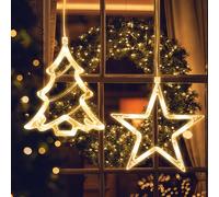 Jsdoin Luci di Natale, Stella e Albero di Natale LED Tenda Luci Natalizie, Batteria, Timer, Luci Stringa di Natale per Decorazioni Natalizie, Finestra, Festa, Matrimonio(Bianco Caldo)