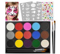 Jsdoin Pinturas Cara para Niños, 15 Colori Face Painting con 40 Stampini e 2 Pennelli, Adesivi di diamanti, per Carnevale, Halloween, Cosplay, Pasqua