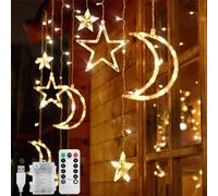 Jsdoin Ramadan - Stringa di luci LED a forma di stella, luna, 3,5 m, con 8 modalità lampeggianti, decorazioni per Natale, matrimoni, feste, casa, terrazza, ramadan, prato(B -Bianco Caldo)