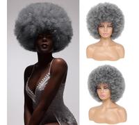 JSDshine Afro Wig - Soft 70s Afro Wig For Women Grey Afro Kinky Curly Hair Wigs With Bangs Natural Looking Gary Big Afro Curly Wig For Men Bouncy Afro Puff Wig Afro Wig For Daily Party Cosplay Use