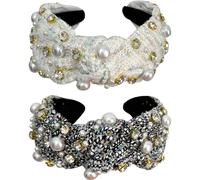Jseng 2 cerchietti per capelli fatti a mano con perle intrecciate in tessuto incrociato con strass annodati elastici per capelli larghi per donne