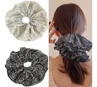 Jseng 2 elastici extra large per capelli, elastici per capelli bohémien, motivo floreale, beige e nero