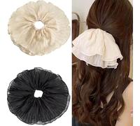 Jseng 2 elastici extra large per capelli, elastici per capelli in pizzo coreano, beige e nero