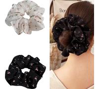Jseng 2 elastici grandi in seta per capelli, elastici per capelli floreali, bianco e nero