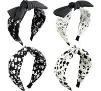 Jseng Confezione da 4 fasce annodate per donne, fasce per capelli con fiocco, bandana floreale nera, graziose fasce per capelli con orecchie di coniglio, bianche e nere