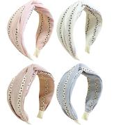 Jseng Confezione da 4 fasce per capelli annodate da donna, a righe, con motivo floreale, alla moda, larghe fasce per capelli con nodo incrociato, bianco, blu, rosa e rosso