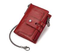 JSGHGDF Portafoglio da uomo compatto a tre ante con tasca con doppia cerniera e tecnologia di blocco catena antifurto in pelle PU, Rosso