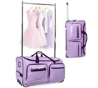JSJHJZJ Dance Bag with Garment Rack, 28" Collapsible Dance Suitcase, Easy-assembly Lightweight Aluminum Clothes Rack, Rolling Duffel with Wheels for Dance Competition Shows Recitals Travel(Purple)