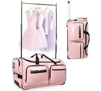 JSJHJZJ Dance Bag with Garment Rack, 28" Collapsible Dance Suitcase, Easy-assembly Lightweight Aluminum Clothes Rack, Rolling Duffel with Wheels for Dance Competition Shows Recitals Travel(Pink)
