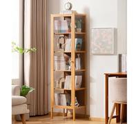 JSLJJBD Bambù Libreria a Tre Facce Trasparenti Libreria Scaffale Alto con Accenti in Vetro Scaffale Organizzatore per Libri Essenziali Unità per Salotto Studio Camera Natural Color 6-layer