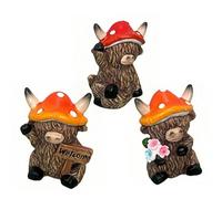 Jsnwernb Statuine di mucca Highland | 3 pezzi Ornamento Bovin Highland con Cappello Fungo,Statuetta Animale in Resina per Scaffale Tavolo Giardino Esterno Miglioramento dell'Habitat