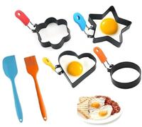 JSQJ Anelli per Uova in Acciaio Inossidabile 4 Pezzi Stampi Antiaderenti Anti-scottatura con Pennelli e Spatole in Silicone per Cucinare Uova Fritte Pancake(4 tipi)