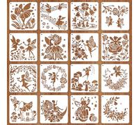 JSRQT 16 Pezzi Stencil di Fate per Pittura, Modello di Fiore Angelo Elfo Riutilizzabile in Plastica per Arte, Set di Stencil per Disegno e Pittura per Legno, Parete, Tela, Carta, Arredamento, 15×15 cm