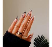 JSRQT 24 Pezzi Mandorla Unghie Finte Corte con Design a Vortici Neri,Premere Pre-incollato Unghie Finte Acriliche, Artificiali Tip Unghie con Strass Adesivo per Donna e Ragazze Adolescenti