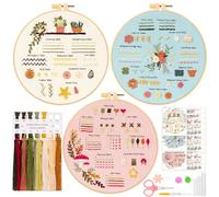 JSRQT 3 Pezzi Kit da Ricamo per Principianti, Kit di Pratica di Ricamo per Imparare 30 Punti Diversi, Kit di Punto Croce a Fiori Ricamo Starter Kit per Adulti Bambini con Video Cerchio Ago e Filo